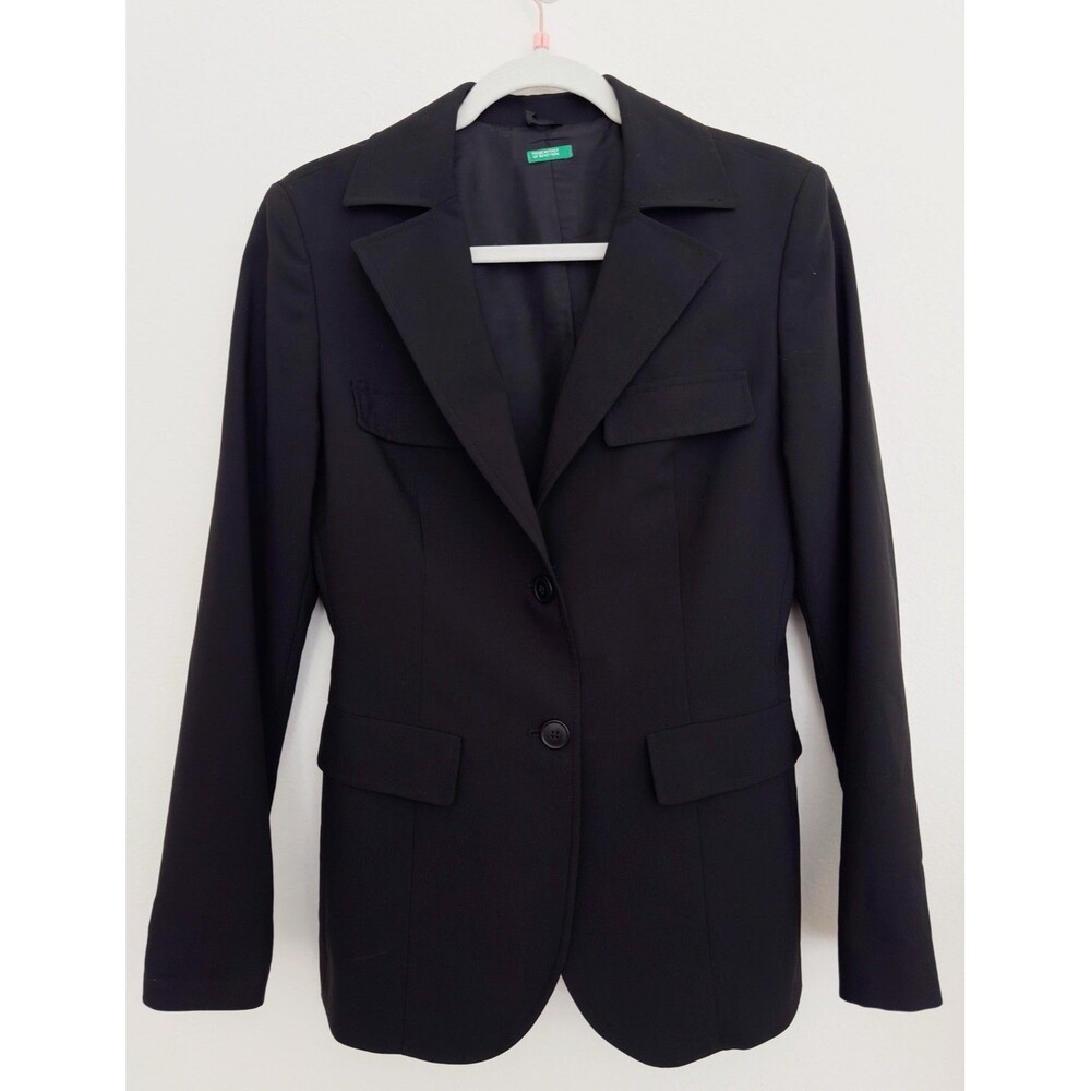 Benetton Black Blazer Womens Size 42 (US 6-8) Stretch Tailored Made In Italy
